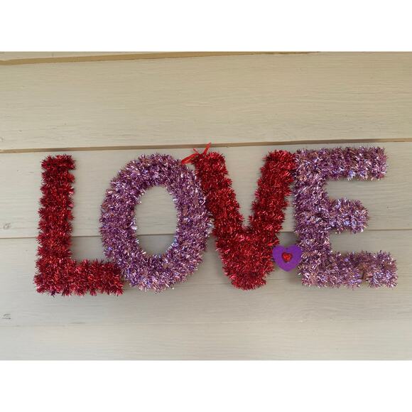 20” Red Pink Tinsel LOVE Valentines Day Wreath Door Hanger Swag Wall Decor - Picture 5 of 9